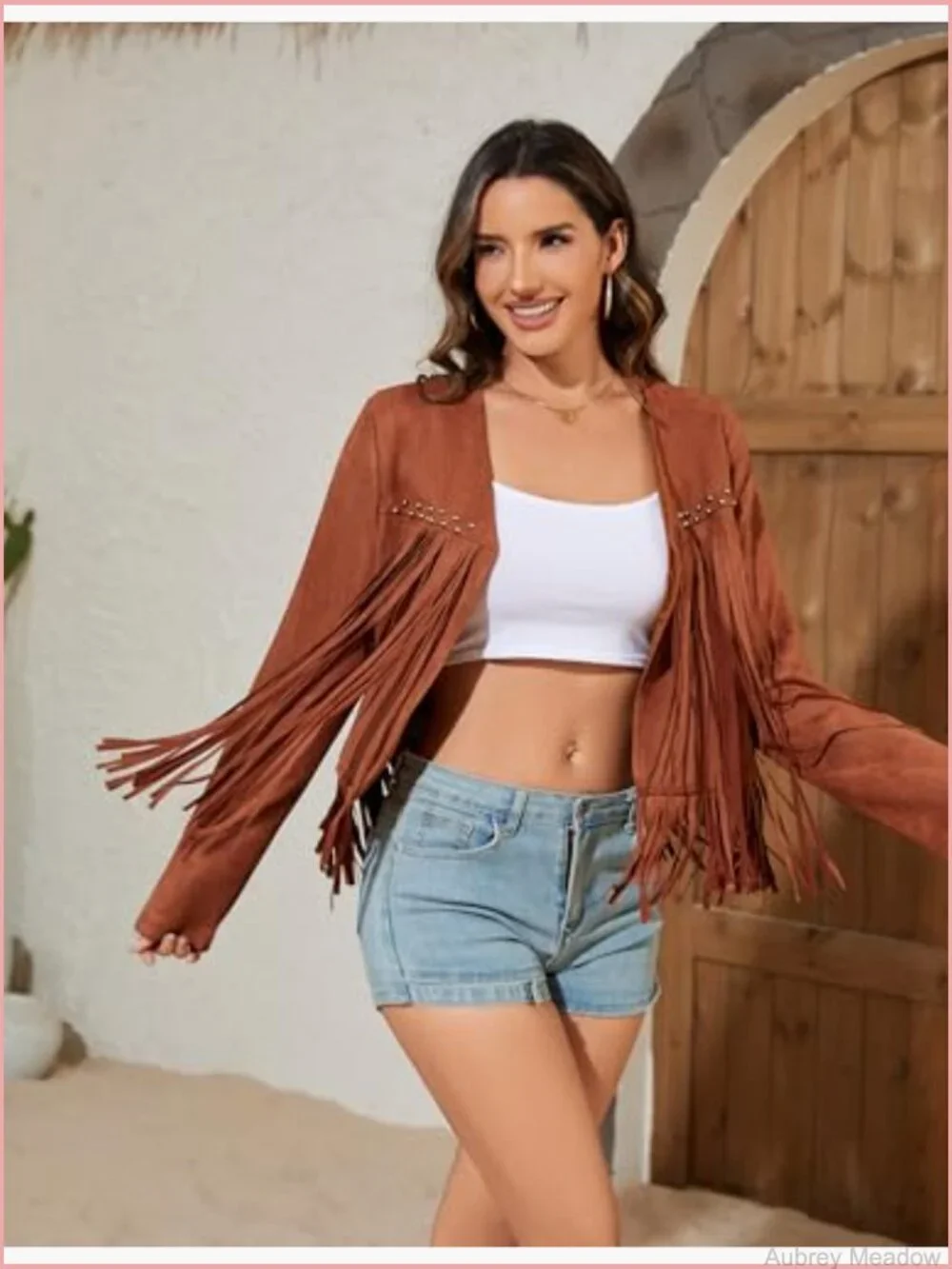 Oversized Fringe Cropped Faux Suede Western Cowgirl Motorcycle Coat with Pockets - Picture 3 of 7
